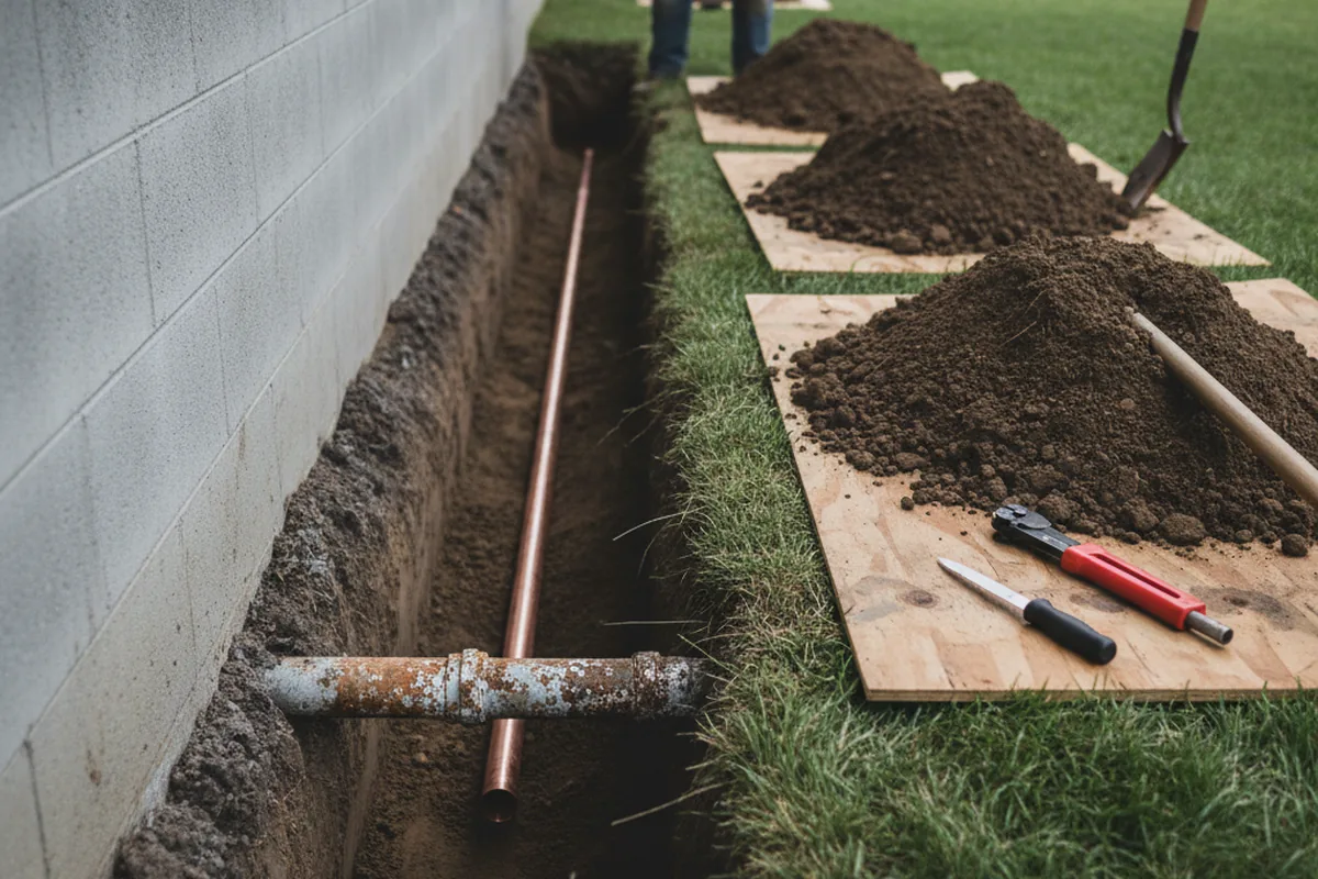 Excavated water line trench during Water Softener Installation in Kearny